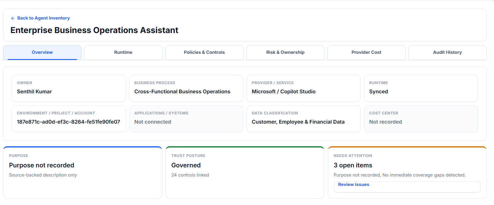 Tegrix Agent Overview showing owner, provider, runtime status, data classification, trust posture, and attention items